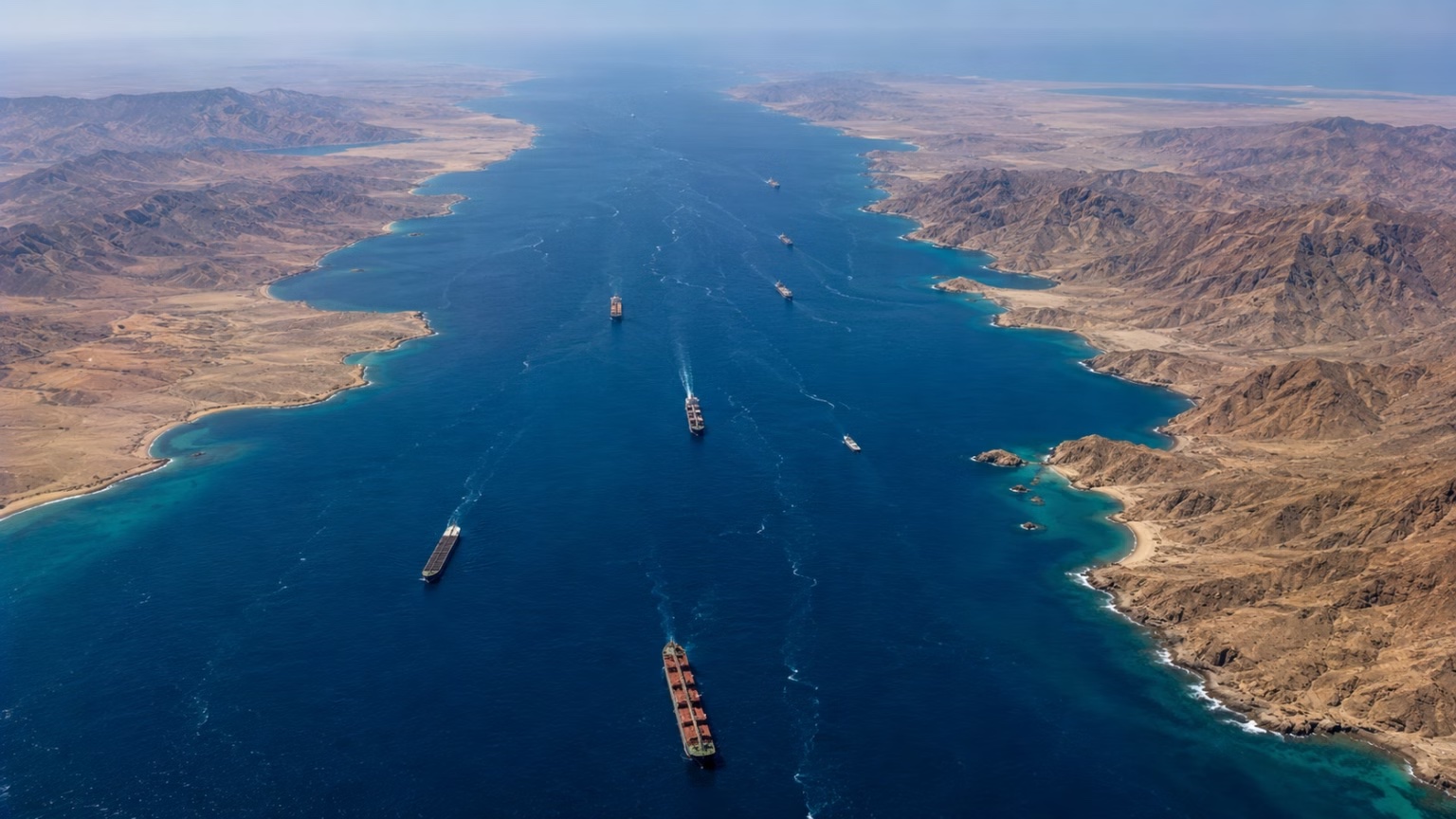 Aerial view of cargo ships and tankers sailing through a narrow strait between arid mountain coastlines